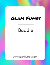 A colorful branding card for 'Glam Fumes' perfume and body oil with the product name 'Baddie' written on it, set against a vibrant multicolored background.